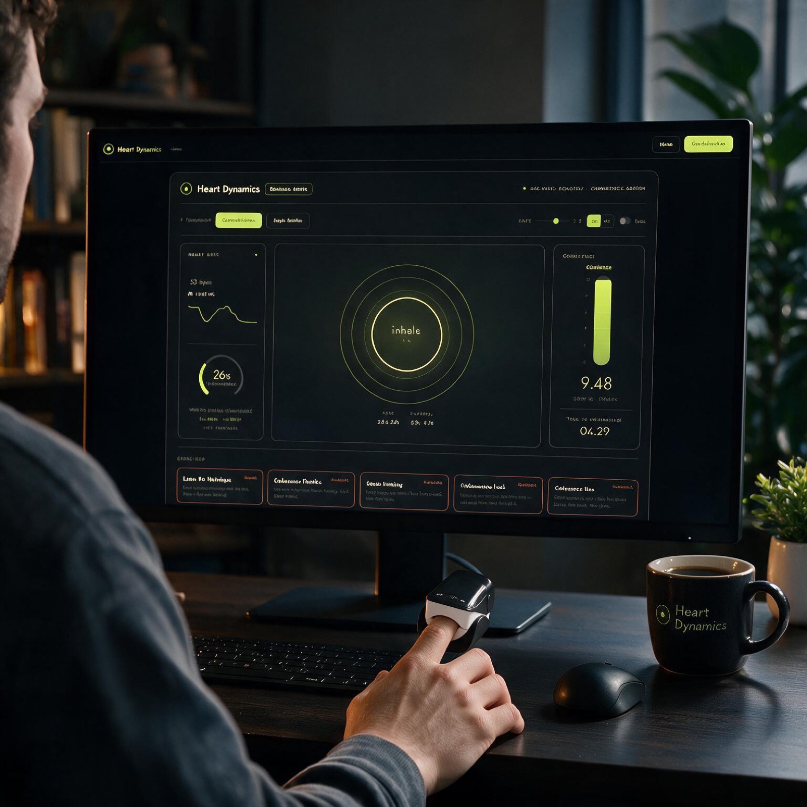 Heart Dynamics running on screen — the breathing pacer, live coherence score and time-to-coherence — with the finger sensor in use